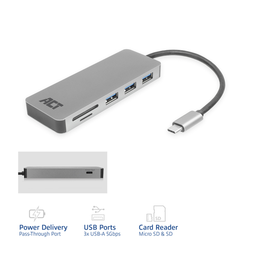 ACT Connectivity USB-C hub 3.0, 3x USB-A, cardreader, PD pass-through dockingstation, afbeelding 2