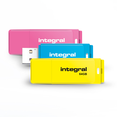 Integral 64GB 3PK USB2.0 DRIVE NEON PINK BLUE YELLOW E-TAIL