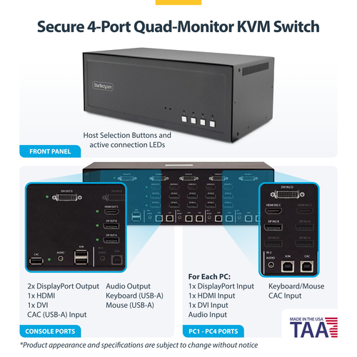 StarTech.com Secure 4-Port Quad-Monitor KVM Switch, HDMI / DisplayPort / DVI, NIAP 4.0 Desktop KVM, Metal Housing, CAC Port, Made in the USA – image 4