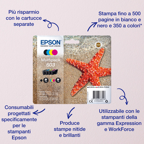 Epson 603 – Multipack nero + ciano + magenta + giallo originale (Stella marina)