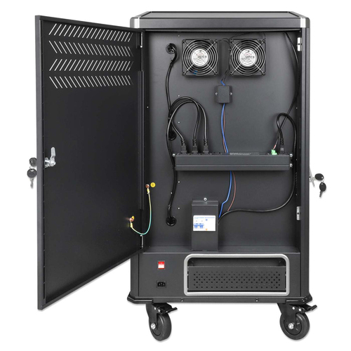 Manhattan Laadtrolley voor 30 laptops (tot 16"), laden via interne AC-adapters (EU) (installatie van voedingskabels van apparaten vereist), geschikt voor ALLE laptops, iPad, MacBook en Chromebook, vakken 380×30×280 mm, landkast, afsluitbaar