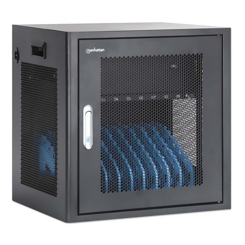 Manhattan Laadkast voor 10 laptops (tot 16"), laden via interne AC-adapters (EU) (installatie van voedingskabels van apparaten vereist), geschikt voor ALLE laptops, iPad, MacBook en Chromebook, vakken 380×30×280 mm, laadtrolley, afsluitbaar