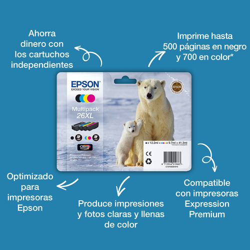 Epson Polar bear Tinta multipack 4 colores 26 Claria Premium Oso polar