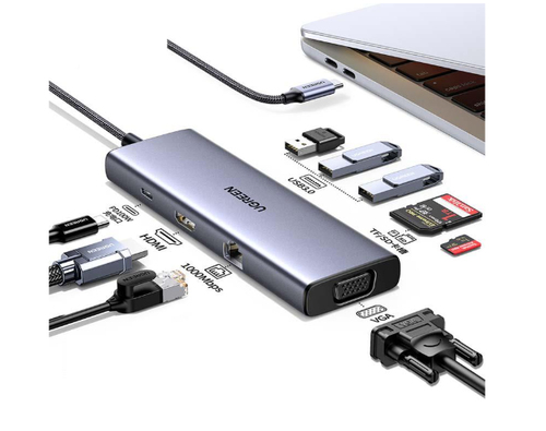 15600 HUB USB-C Docking Station 9 en 1 3 USB-A 30 USB-C PD Carga 100W HDMI 4K30Hz RJ45 Gigabit Ethernet VGA Lector Tarjetas SD Micro SD TF Uso Simultáneo Chip de Última Generación Caja de Aluminio 15600