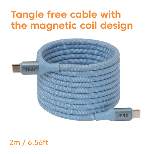 Club 3D USB-C Magnetic-Coil 240W PD3.1 Blue Cable, 2 meter kabel, afbeelding 3