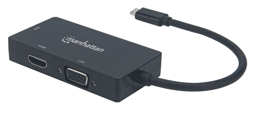 Manhattan USB-C Dock/Hub, Ports (x3): DVI-I, HDMI and VGA Ports, Note: Only One Port can be used at a time, External Power Supply Not Needed, Universal for all