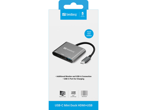 Sandberg Mini Dock - HDMI, USB-A, USB-C (V) naar USB-C (M), afbeelding 2