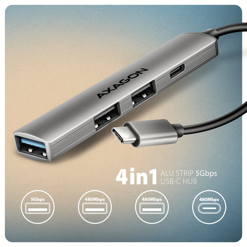 Axagon HUB USB HUE-STC, 4x USB ALU STRIP hub, 1x USB-A 5Gbps, 2x USB-A & 1x USB-C 480Mbps, kabel USB-C 12cm – image 2