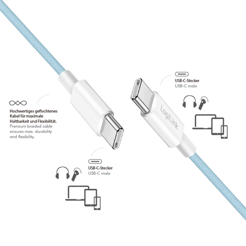 Product image: LogiLink USB 2.0 Type-C cable, C/M to C/M, nylon jacket, 60W, blue, 0.5 m