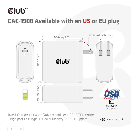 Club3D CAC-1908EU GAN Travel Adapter 100Watt USB-C PD Sort – billede 7
