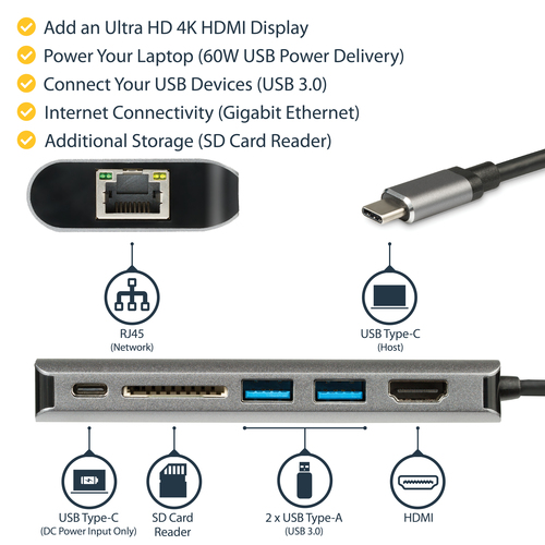 StarTech.com USB C Multiport Adapter - USB-C Travel Dock to 4K HDMI, 3x USB 3.0 Hub, SD/SDHC, GbE – image 7