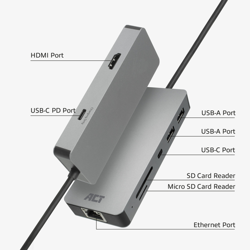ACT Connectivity USB-C 4K docking station voor 1 HDMI monitor, ethernet, USB-C, USB-A, cardreader en PD pass-through dockingstation, afbeelding 3