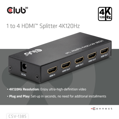 Club 3D HDMI Splitter 1x > 4x HDMI 4K 120Hz, afbeelding 2