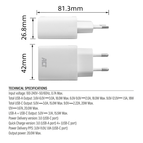 ACT Connectivity USB-C & USB-A lader 20W met Power Delivery PPS, Quick Charge, GaNFast oplader, afbeelding 5