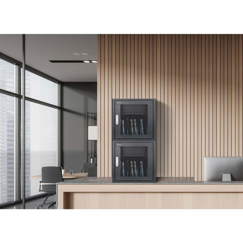 Manhattan Laadkast voor 10 laptops (tot 16"), laden via interne AC-adapters (EU) (installatie van voedingskabels van apparaten vereist), geschikt voor ALLE laptops, iPad, MacBook en Chromebook, vakken 380×30×280 mm, laadtrolley, afsluitbaar