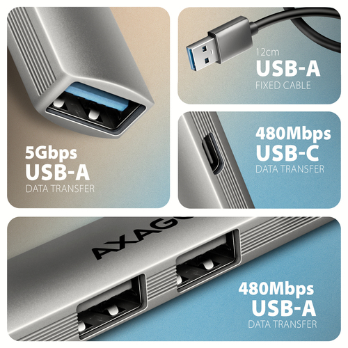 Axagon HUB USB HUE-STA, 4x USB ALU STRIP hub, 1x USB-A 5Gbps, 2x USB-A & 1x USB-C 480Mbps, kabel USB-A 12cm – image 3