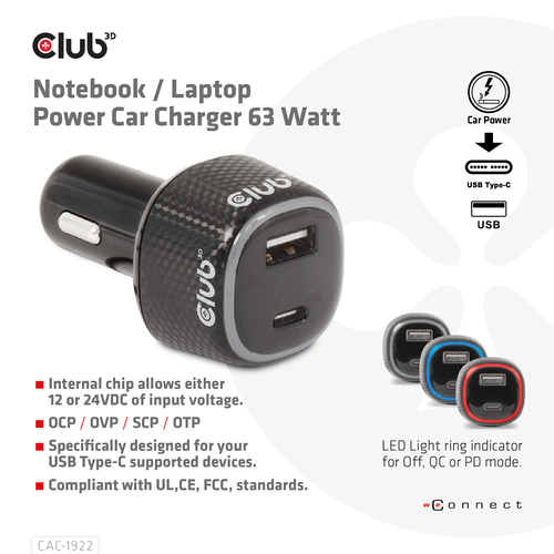 Club 3D Notebook / Laptop autolader 63 Watt oplader, afbeelding 2