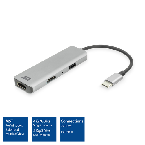 ACT Connectivity USB-C 4K multiport adapter voor 2 HDMI schermen, USB-A datapoort, afbeelding 2