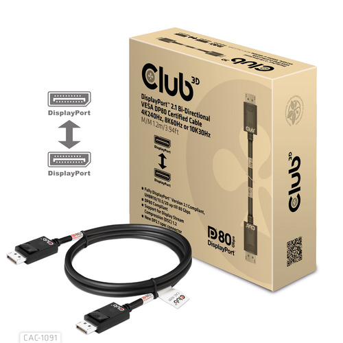 CLUB3D DisplayPort™ 2.1 Bi-Direktionales VESA DP80 zertifiziertes Kabel 4K240Hz, 8K60Hz oder 10K30Hz St/St 1.2m
