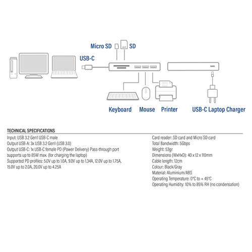 ACT Connectivity USB-C hub 3.0, 3x USB-A, cardreader, PD pass-through dockingstation, afbeelding 5