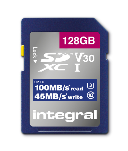 Integral 128GB SD MEMORY CARD SDXC UHS-1 U3 CL10 V30 UP TO R-100 MBS