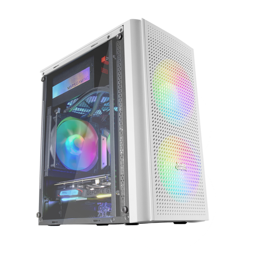 Mars Gaming MC300W Micro ATX Tempered Glass PC Case 3xFrGB Fan White – image 1