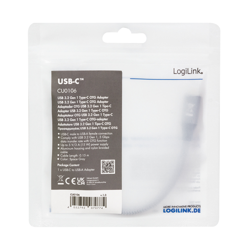 LogiLink CU0106 USB-kabel 0,15 m USB 3.2 Gen 1 (3.1 Gen 1) USB C USB A Grijs, afbeelding 5