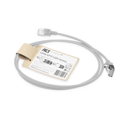 ACT Grijze 1.5 meter LSZH S/FTP CAT6A slimline patchkabel snagless met RJ45 connectoren, afbeelding 2