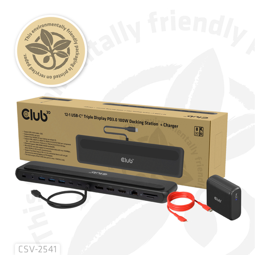 Club 3D 12-1 USB-C Triple Display PD3.0 100W Docking Station + Charger dockingstation, afbeelding 3