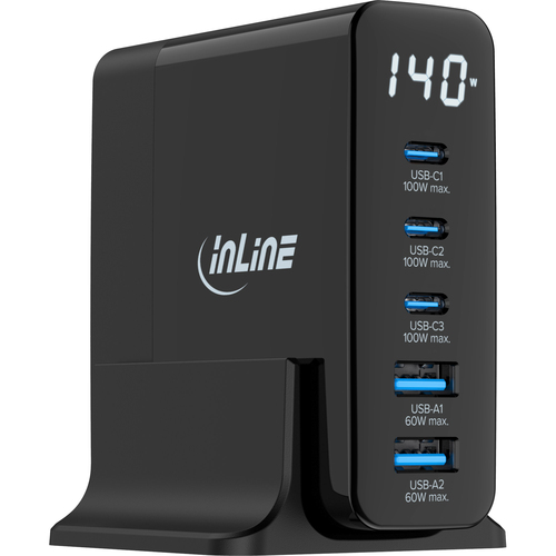 InLine USB PD power supply, GaN charger, 5-port, USB-C + USB-A