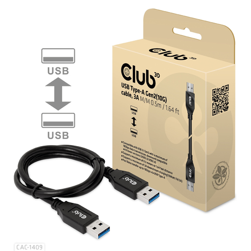 CLUB3D USB Type-A Gen2(10G) cable, 3A M/M 0.5m / 1.64 ft, afbeelding 2