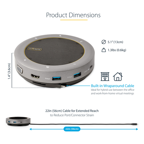 StarTech.com USB-C Speakerphone Docking Station, Mini Portable Conference Speaker and Audio Dock, USB-C to VGA/4K HDMI, 2x USB-A Hub, Mic/Speaker, Teams/Zoom/So – image 7
