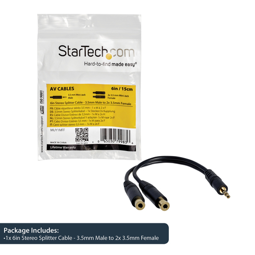 Startech 6 in. 3.5mm Audio Splitter Cable - Stereo Splitter Cable - Gold Terminals - 3.5mm Male to 2x 3.5mm Female - Headphone Splitter (MUY1MFF) Lydsplitter – billede 8