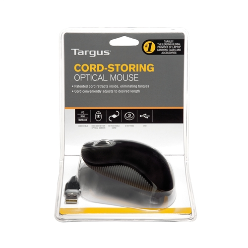 Targus Cord-Storing Optical Mouse. Technologie de détecteur de mouvement: Optique, Résolution en mouvement: 1000 DPI, Quan