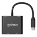 Manhattan Adaptador multipuerto con USB tipo C macho a dos puertos HDMI (hasta 4K@60Hz), USB-A (480 Mbps) y USB Power Delivery de carga (100 W), aluminio, negro