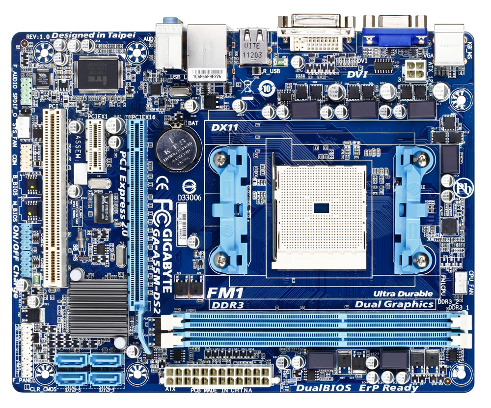 GIGABYTE GA-A55M-DS2 motherboard AMD A55 Socket FM1 micro ATX image 1