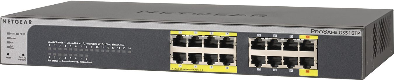NETGEAR GS516TP Unmanaged Gigabit Ethernet (10/100/1000) Power over Ethernet (PoE) Black, Grey