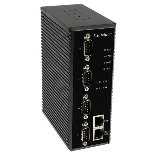 StarTech.com Industriell seriell RS-232/422/485 till IP Ethernet-enhetsserver med 4 portar – PoE-driven – 2 x portar på 10/100 Mbps
