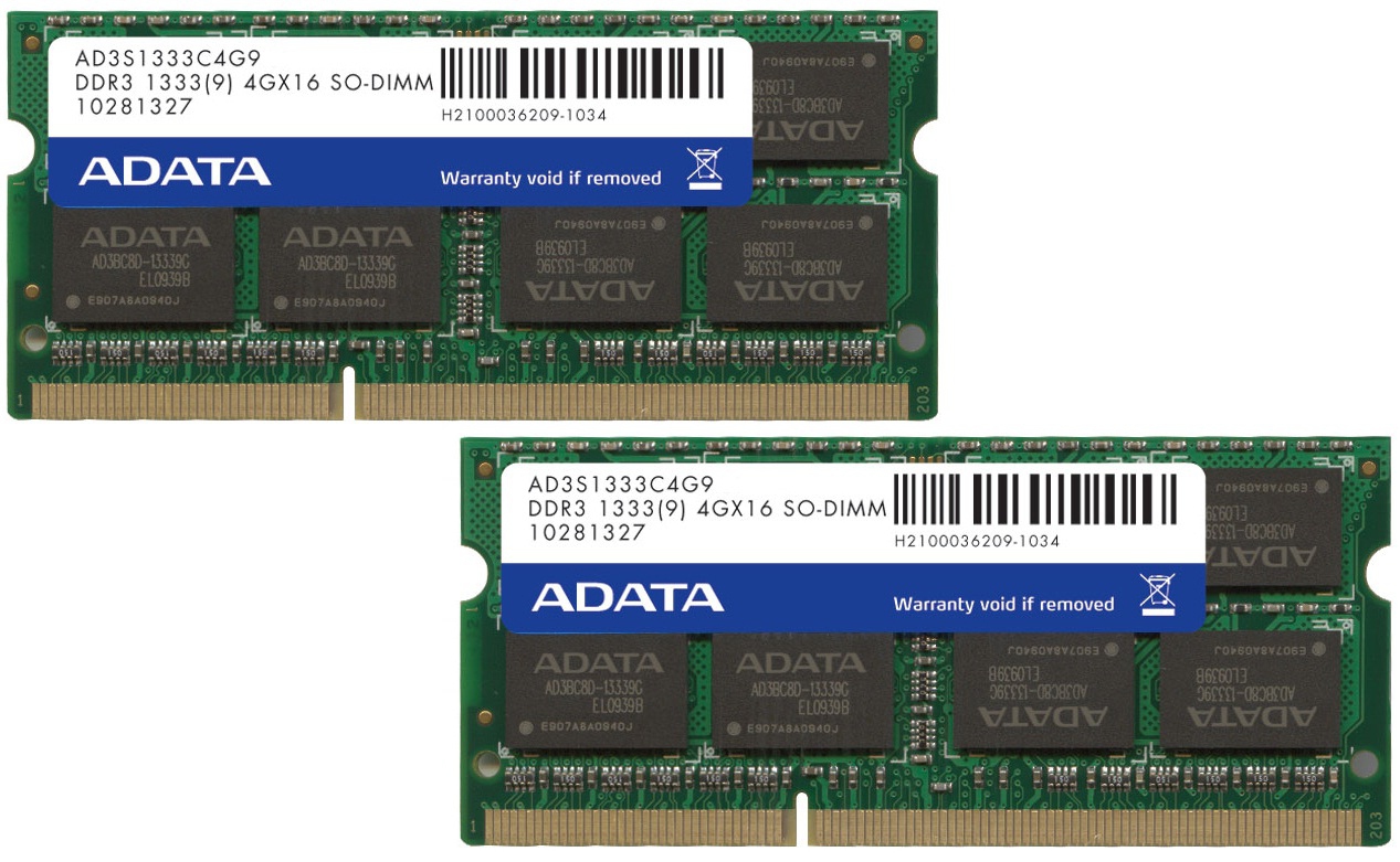 ADATA AD3S1333C4G9-2, 2 x 4GB DDR3 133MHz memory module 8 GB 2 x 4 GB 204-pin SO-DIMM