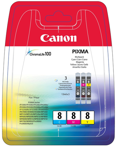 Canon CLI8 Cyan Magenta Yellow Standard Capacity Ink Cartridge Multipack 3 x 13ml (Pack 3) - 0621B029